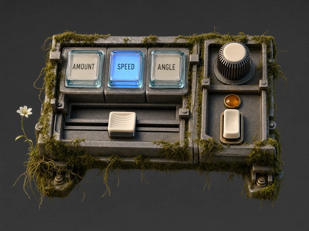 Glass buttons, an ivory slider and a rotary knob in a moss-covered metal control panel
